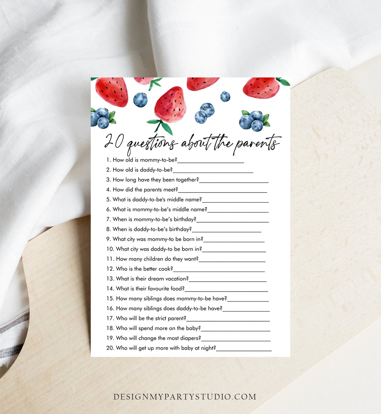 Editable 20 Questions about the Parents Baby Shower Game Strawberry Blueberry Baby Shower Berry Sweet Download Corjl Template Printable 0399