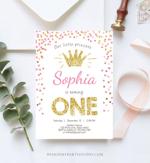 Editable Little Princess Birthday Invitation Girl Pink Gold First Birthday 1st ANY AGE Confetti Crown Download Corjl Template Printable 0047
