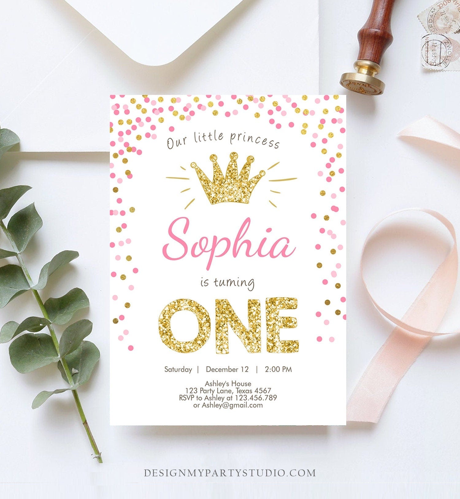Editable Little Princess Birthday Invitation Girl Pink Gold First Birthday 1st Confetti Crown Digital Download Template Printable 0047