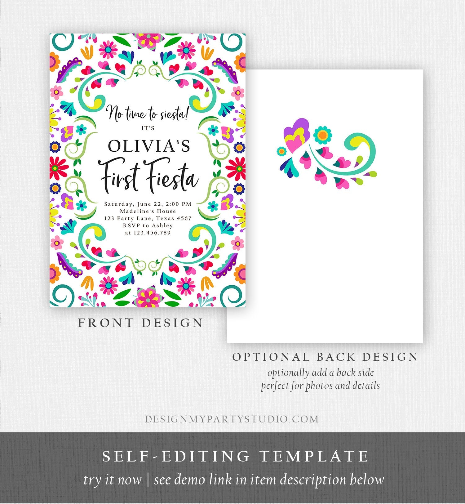 Editable First Fiesta Birthday Invitation Mexican 1st Birthday Party Floral Fiesta Girl Kid Printable Invitation Template Digital Evite 0466