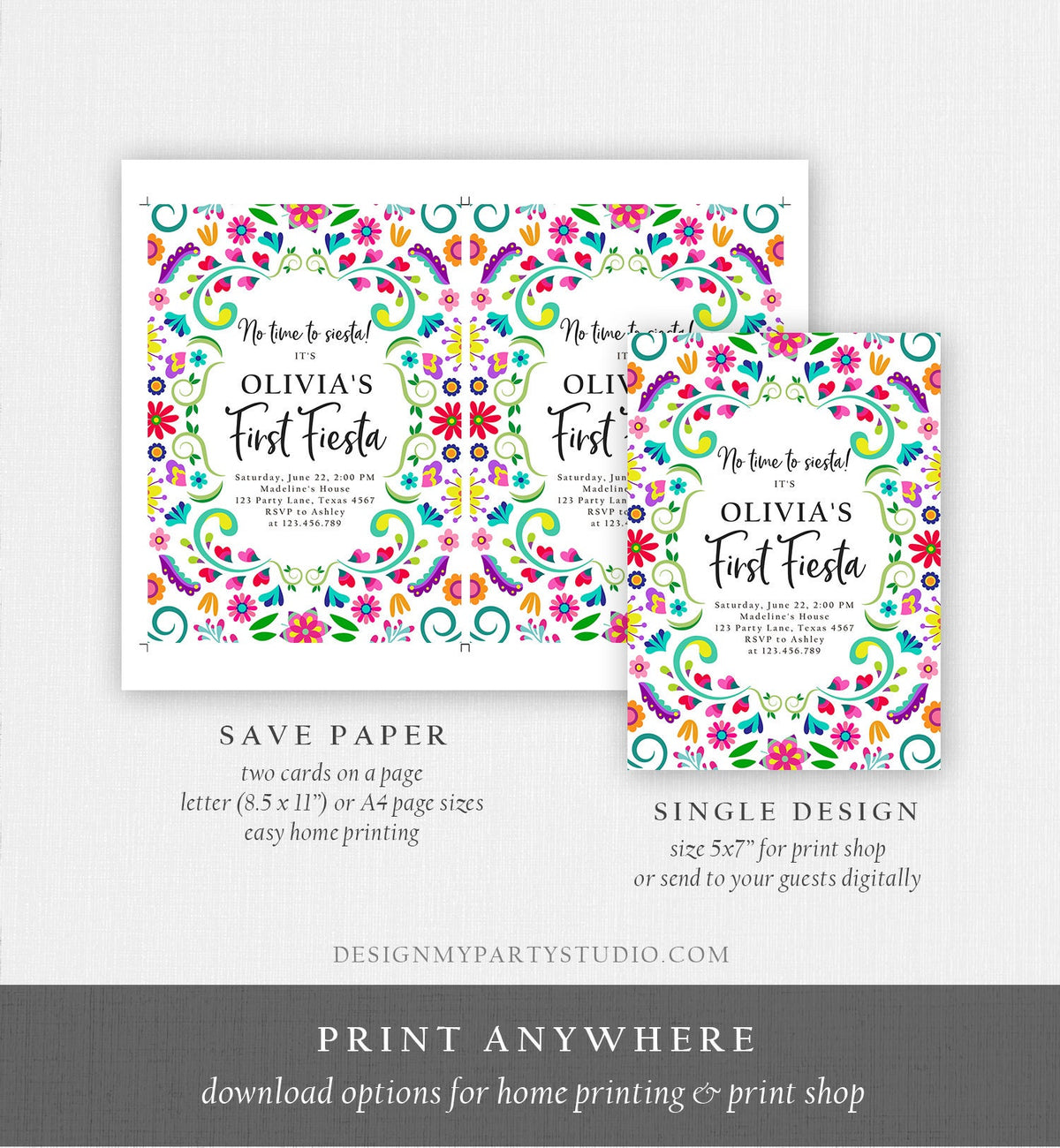 Editable First Fiesta Birthday Invitation Mexican 1st Birthday Party Floral Fiesta Girl Kid Printable Invitation Template Digital Evite 0466