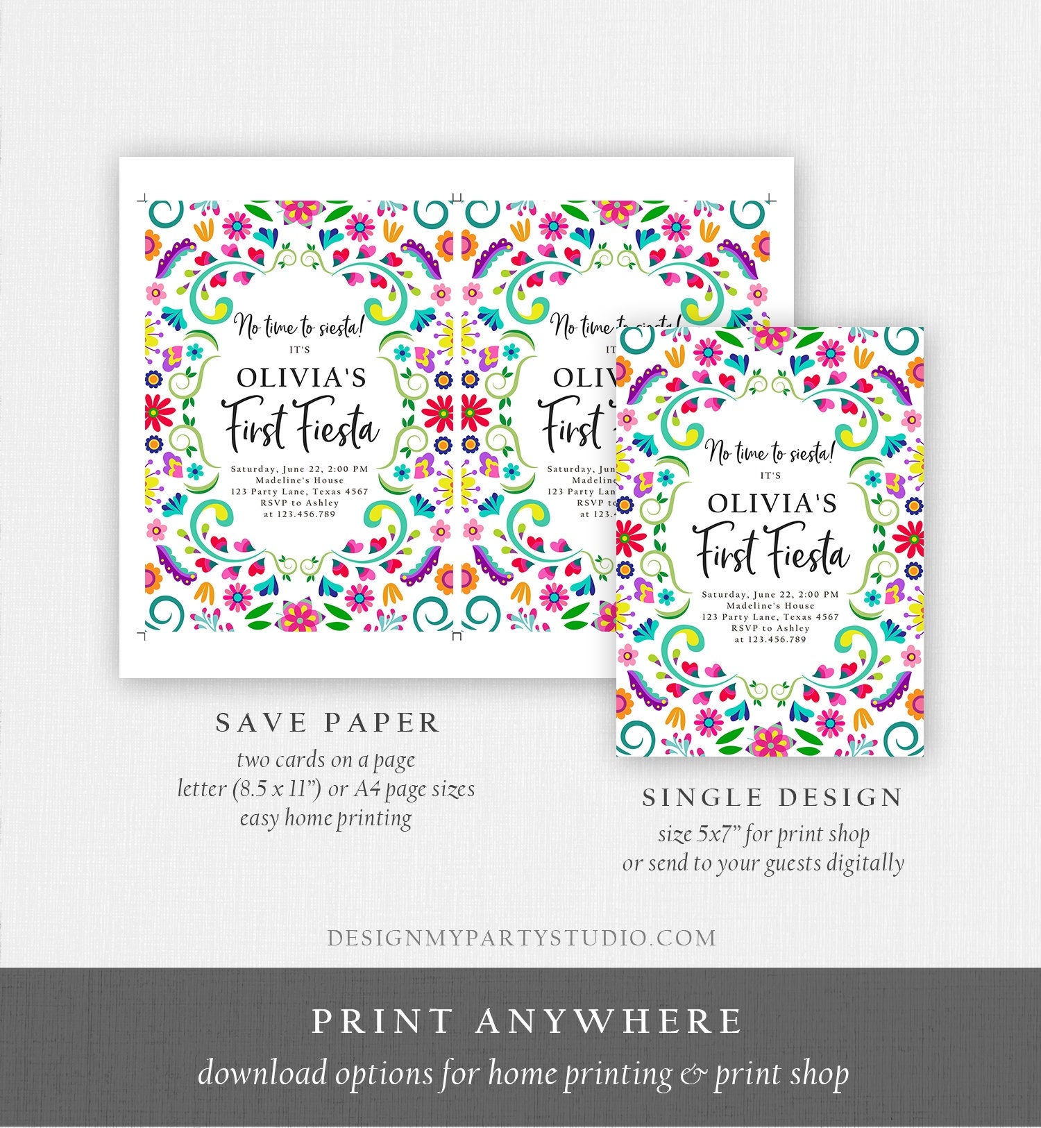 Editable First Fiesta Birthday Invitation Mexican 1st Birthday Party Floral Fiesta Girl Kid Printable Invitation Template Digital Evite 0466