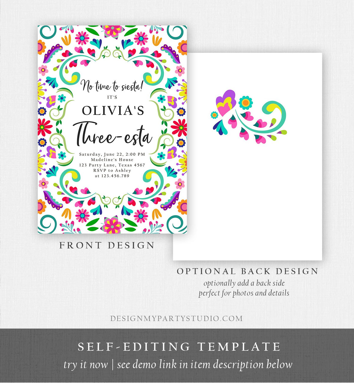 Editable Fiesta Invitation Three-esta Birthday Mexican Party Cactus Mexico Floral Girl Kids 3rd Printable Invitation Template Corjl 0466