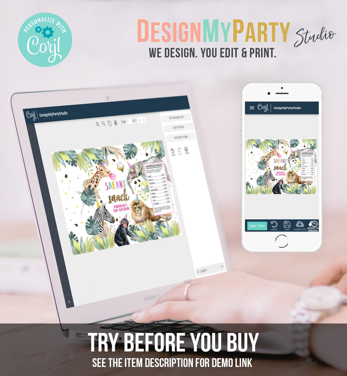 EditableParty Animals Chip Bag Safari Animals Birthday Decor Girl Zoo Pink Safari Snacks Wild One Favor Four 4th Digital Corjl Template 0417