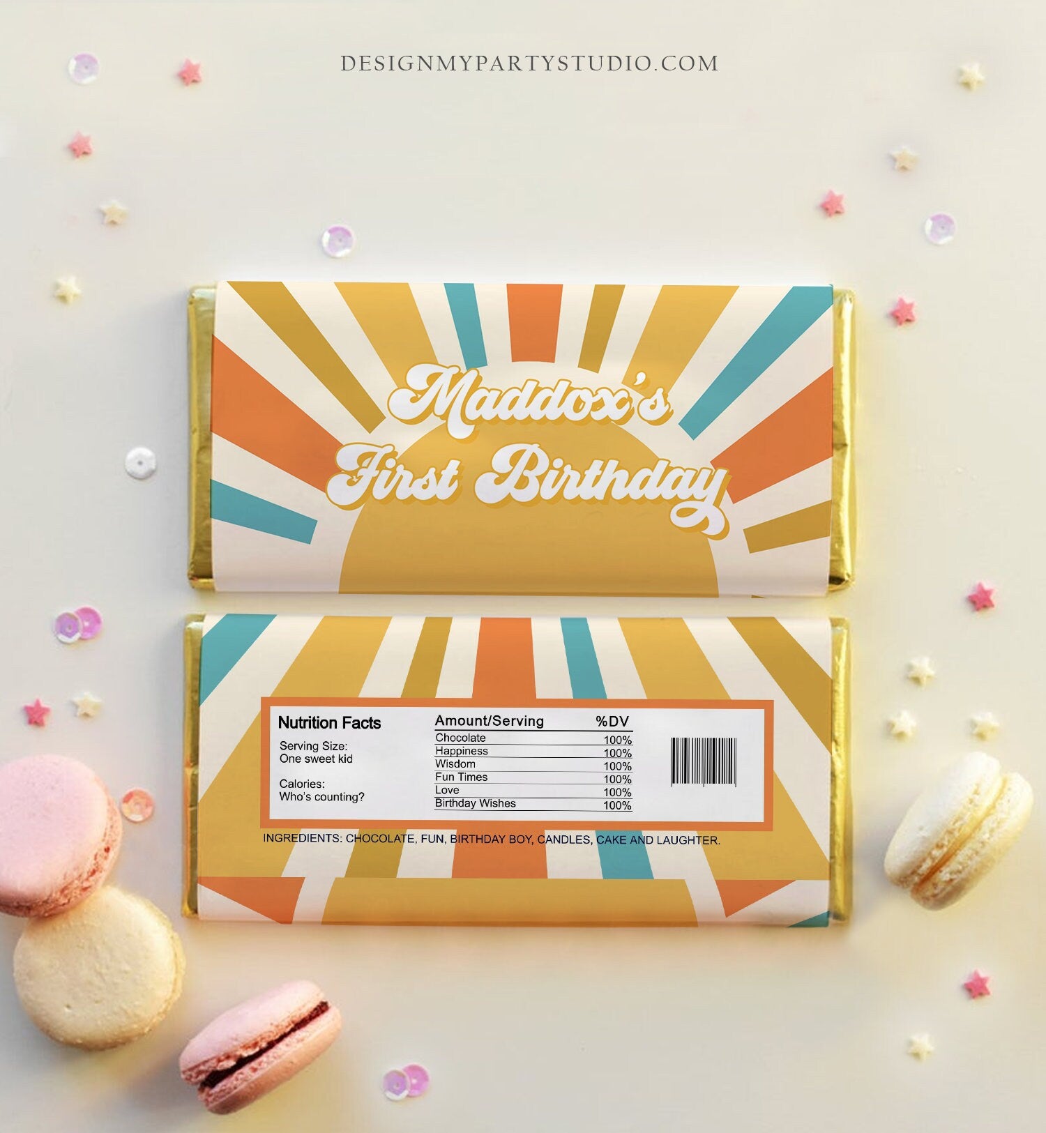 Editable Sun Birthday Chocolate Bar Labels Candy Bar Wrapper Retro Little Sunshine Boy Birthday Download Corjl Template Printable 0457