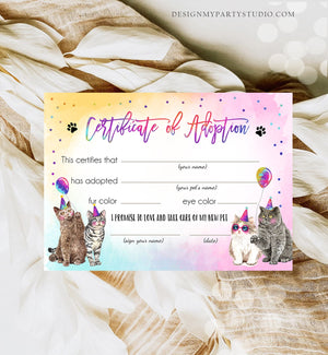 Pet Adoption Certificate Cat Adoption Cat Birthday Party Adopt A Cat Girl Pink Pawty Kitten Adoption Instant Download Digital PRINTABLE 0460