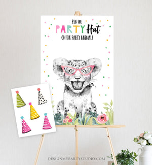 Editable Pin the Party Hat on the Party Animal Game Safari Party Animals Birthday Game Decor Girl Download Printable Digital Corjl 0322