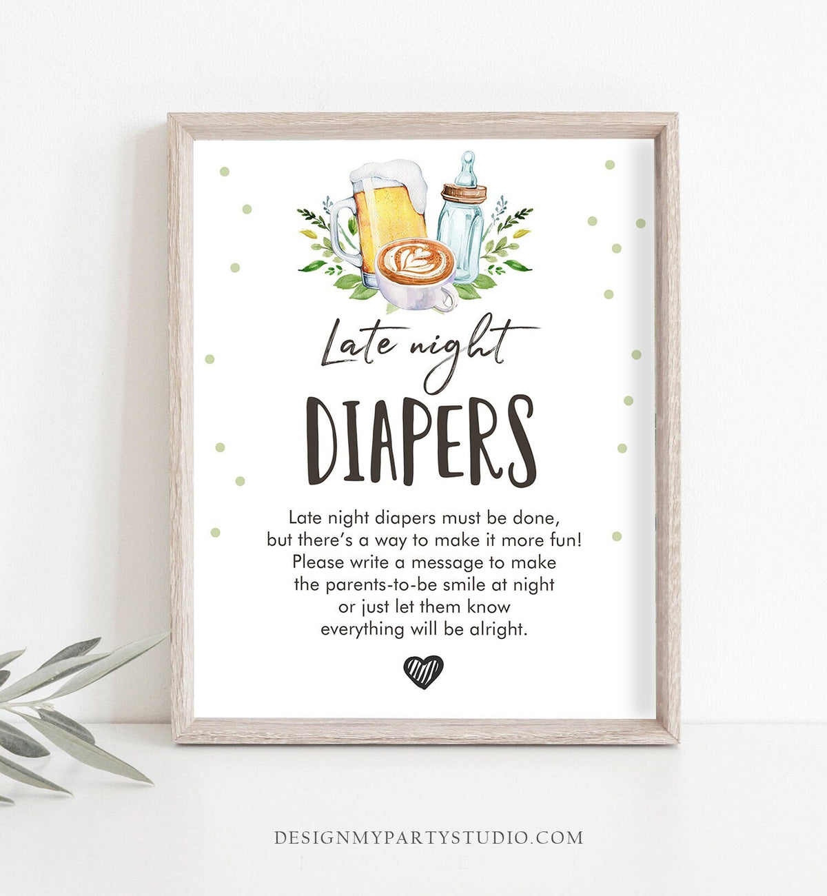 Late Night Diapers Sign Baby is Brewing Baby Shower Sign Bottles Coffee Beers Greenery Baby Shower Game Diaper Thoughts Printable 0190