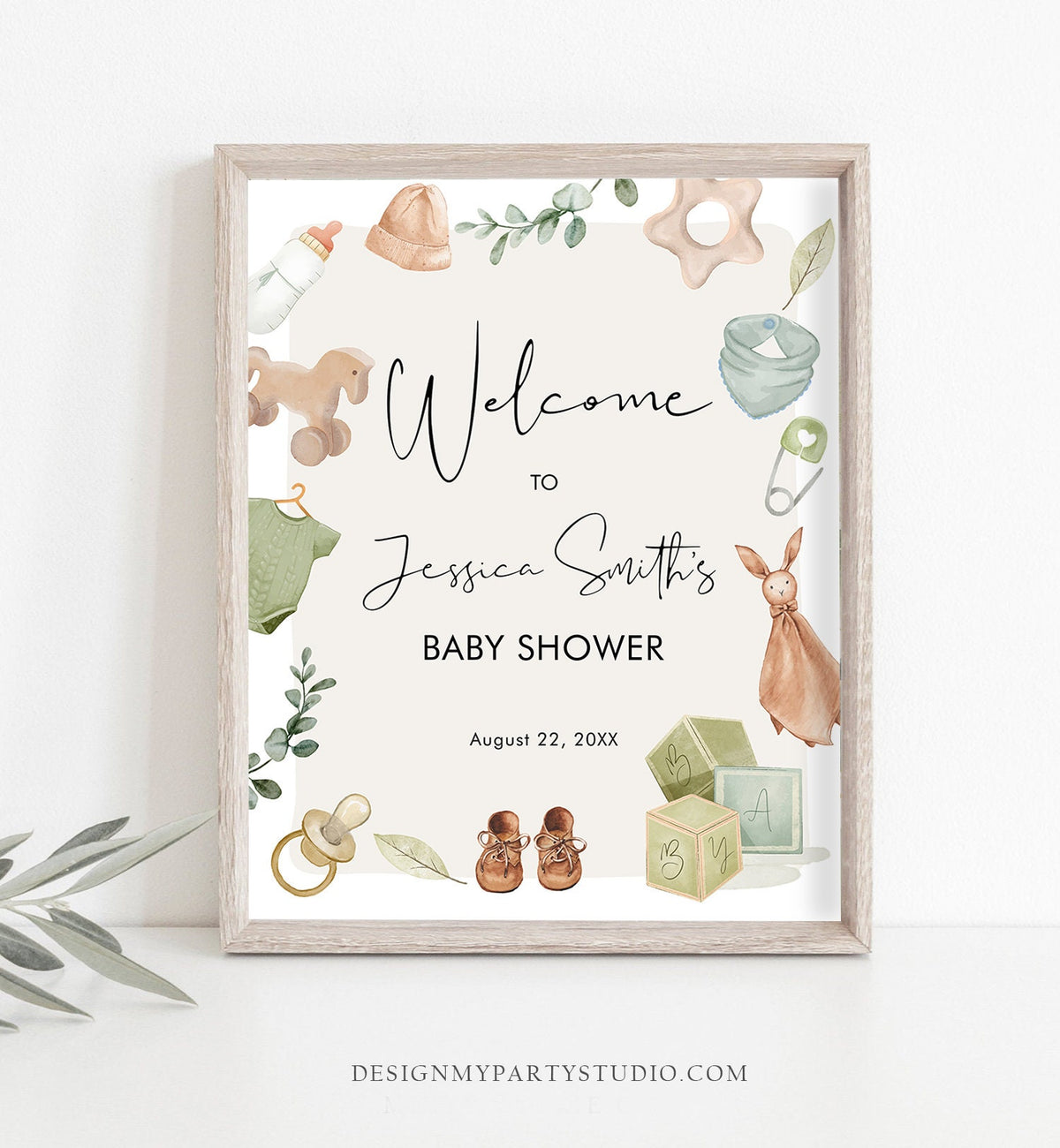 Editable Boho Baby Shower Welcome Sign Boy Baby Shower Neutral Baby Clothes Rustic Greenery Sage Green Instant Template PRINTABLE Corjl 0470