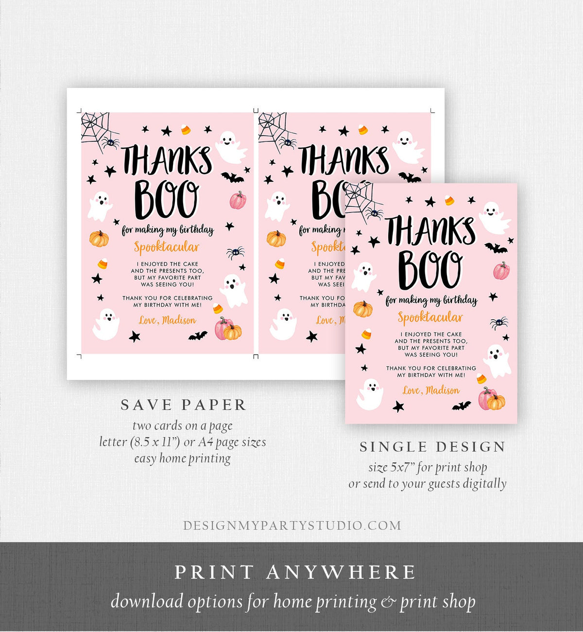 Editable Thanks Boo Halloween Thank You Card Note Pink Ghost Pumpkin Birthday Girl Birthday Digital Download Template Printable 0009 0418
