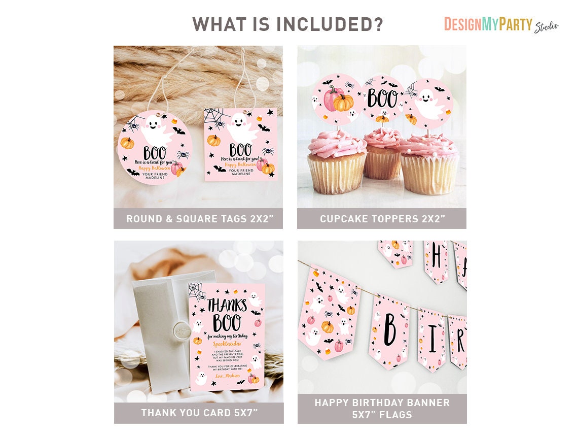 Little Boo Ghost Halloween Birthday Invitation Bundle Pink Girl Pumpkin Package 1st First Printable Corjl Template 0009 0418