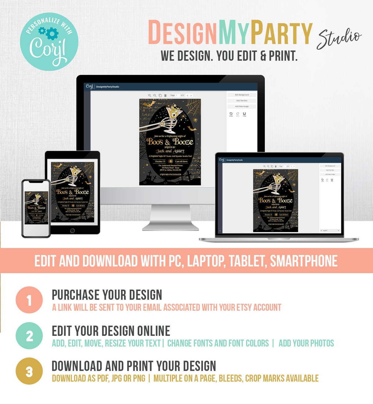 Editable Boos &amp; Booze Halloween Party Invitation Adult Halloween Invite Brews Vintage Gothic Costumes and Cocktails Download Corjl 0472 0009