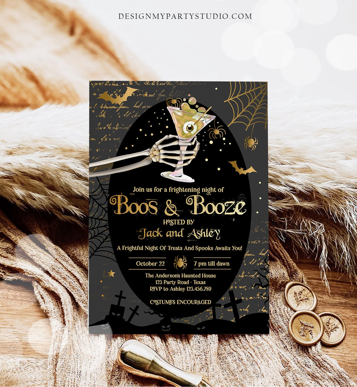 Editable Boos &amp; Booze Halloween Party Invitation Adult Halloween Invite Brews Vintage Gothic Costumes and Cocktails Download Corjl 0472 0009