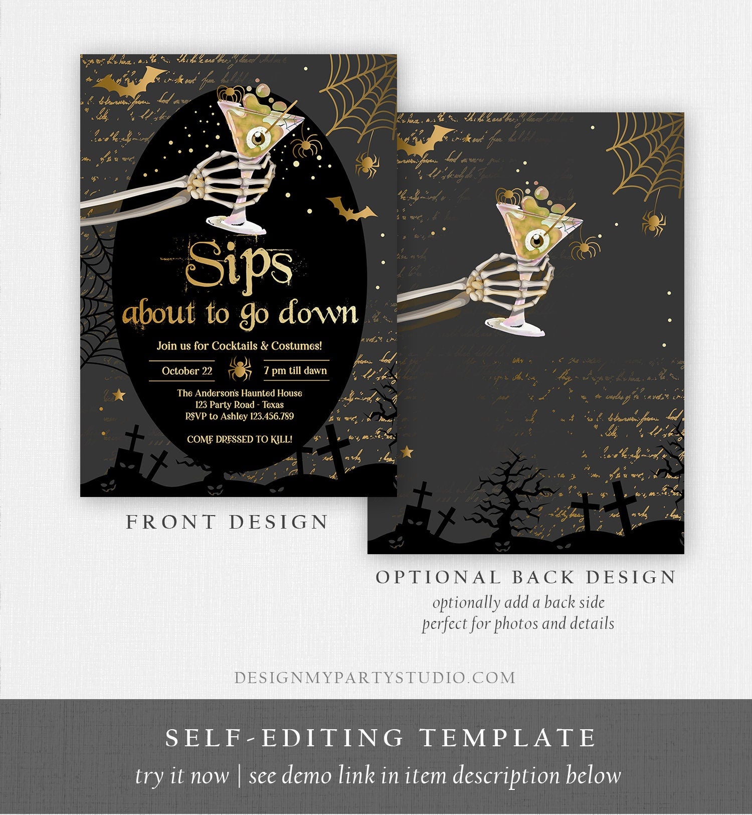 Editable Cocktails and Costumes Invitation Halloween Party Invitation Adult Halloween Invite Brews Boos & Booze Download Corjl 0472 0009