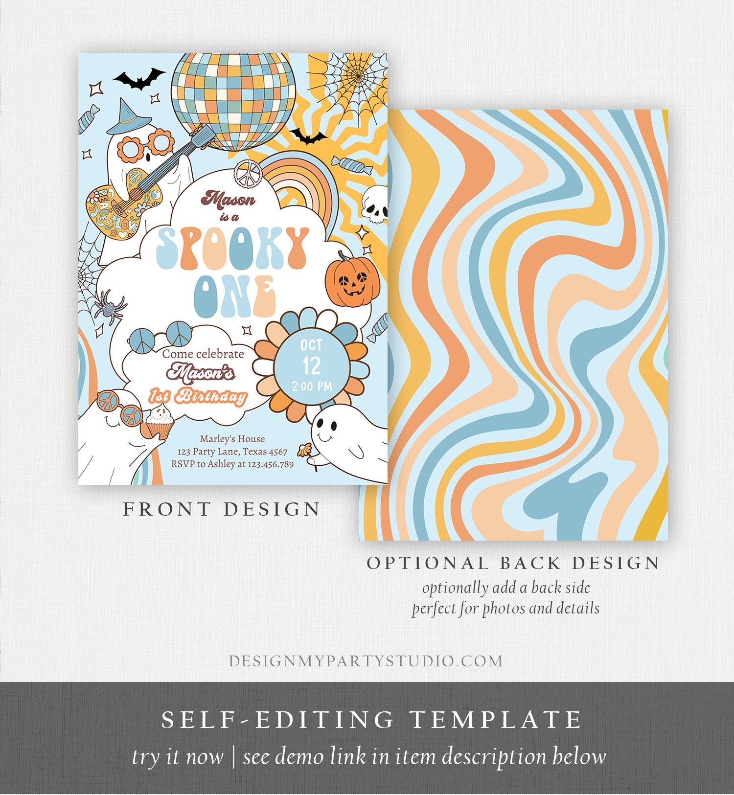 Editable Groovy Halloween 1st Birthday Invitation Spooky One Invite Boy Blue Ghost Party Spooktacular Download Template Printable 0471 0009