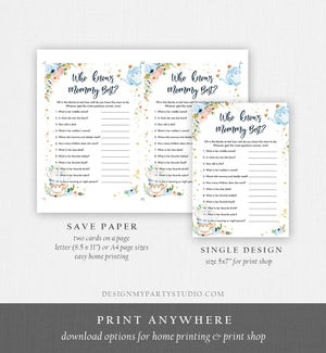 Editable Who Knows Mommy Best Baby Shower Game Greenery Tea Party Baby is Brewing Blue Rustic Watercolor Guess Corjl Template Printable 0349