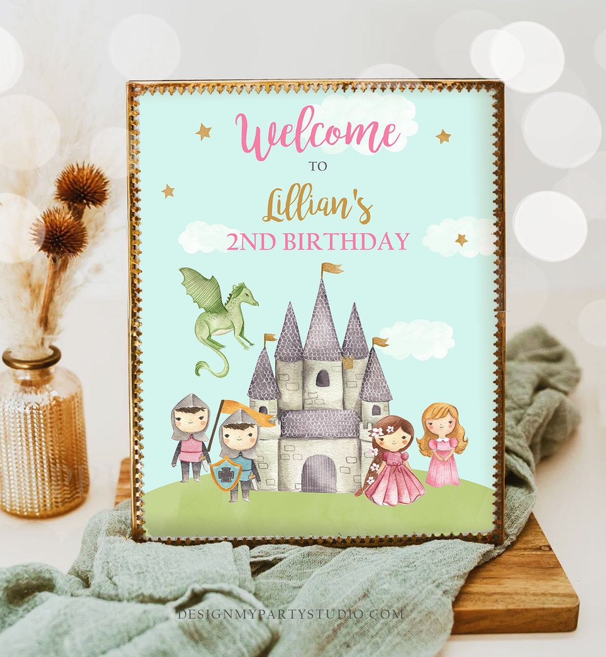Editable Princess and Knight Birthday Welcome Sign Girl Dual Joint Boy Girl Royal Castle Pink Gold Dragon Digital Template Printable 0171