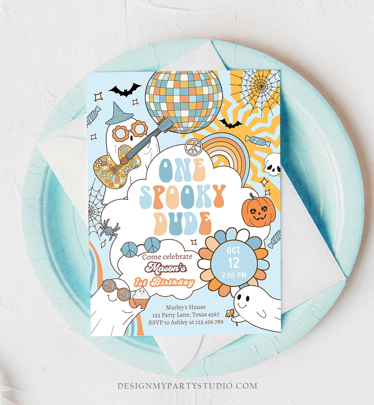 Editable One Spooky Dude Groovy Halloween 1st Birthday Invitation Boy Ghost Party Spooktacular Download Printable Template Corjl 0009 0471