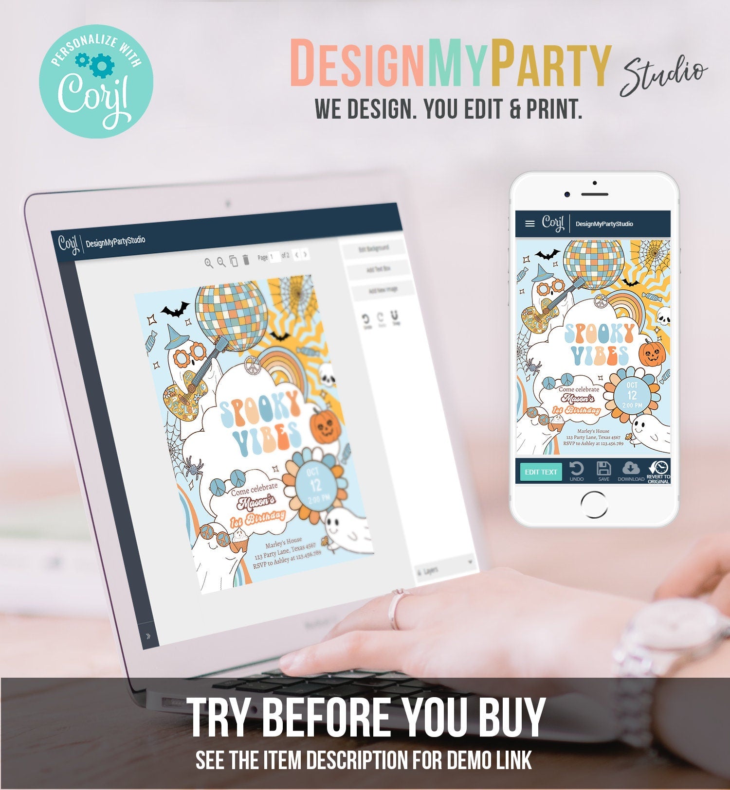 Editable Groovy Halloween Birthday Invitation Boy Spooky Vibes Ghost Party Blue Spooktacular Spooky Digital Download Template Printable 0471