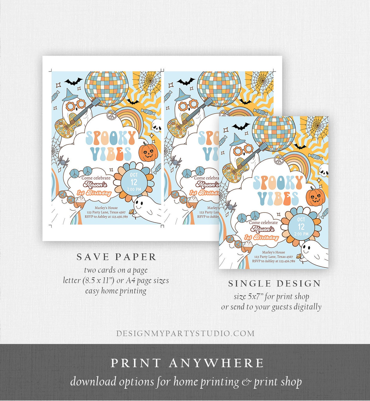 Editable Groovy Halloween Birthday Invitation Boy Spooky Vibes Ghost Party Blue Spooktacular Spooky Digital Download Template Printable 0471