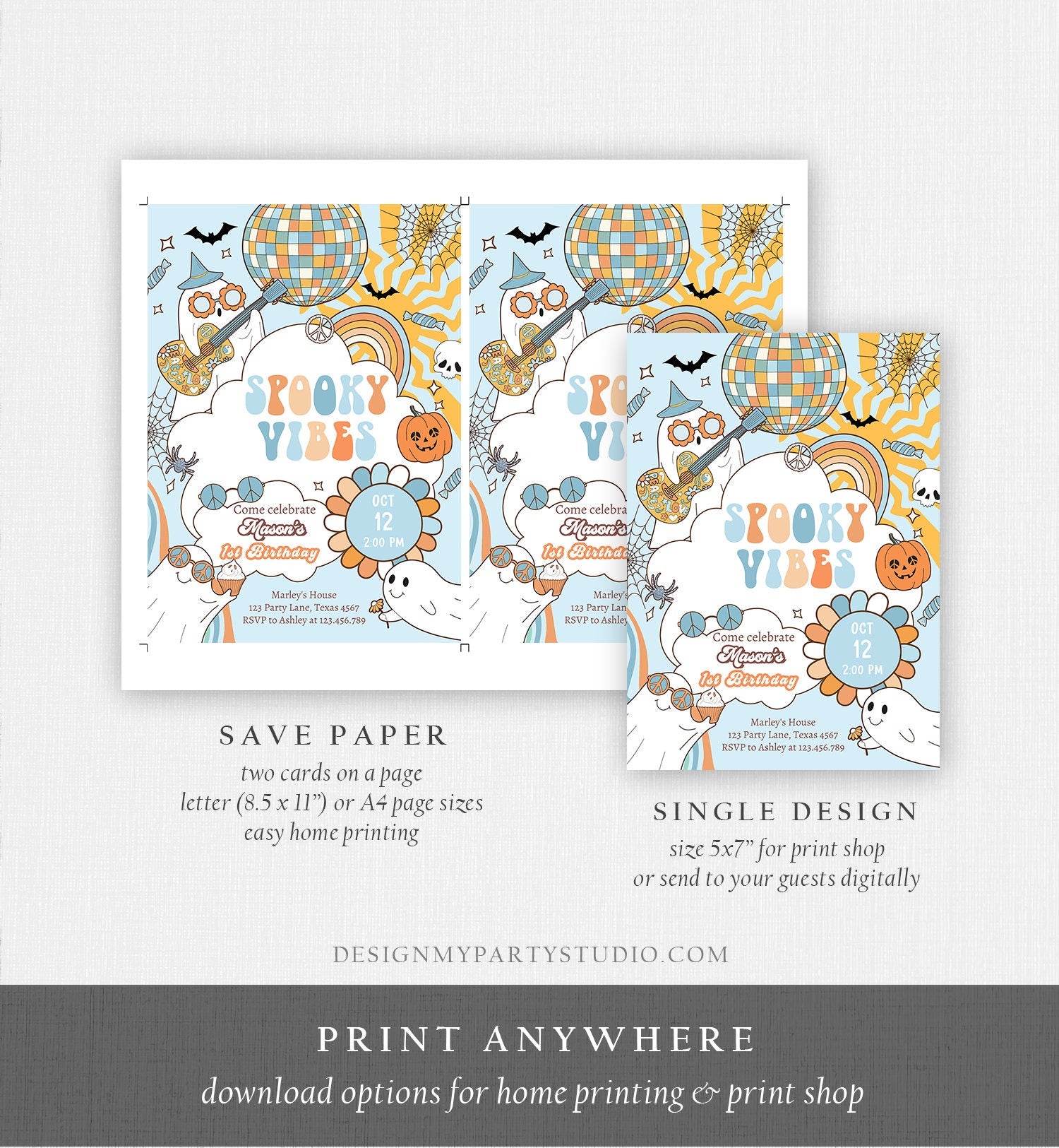 Editable Groovy Halloween Birthday Invitation Boy Spooky Vibes Ghost Party Blue Spooktacular Spooky Digital Download Template Printable 0471