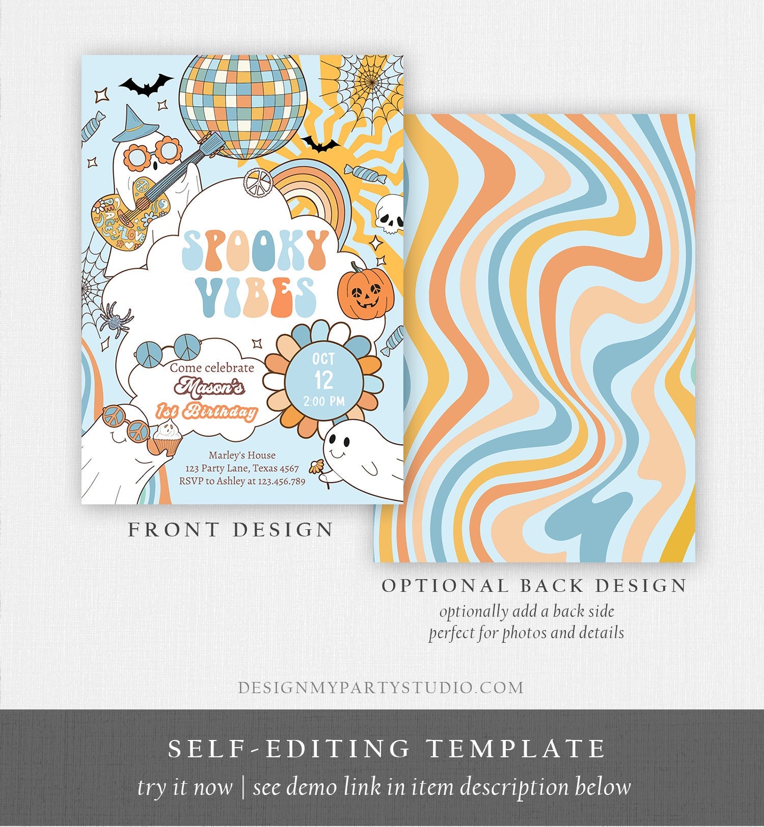 Editable Groovy Halloween Birthday Invitation Boy Spooky Vibes Ghost Party Blue Spooktacular Spooky Digital Download Template Printable 0471