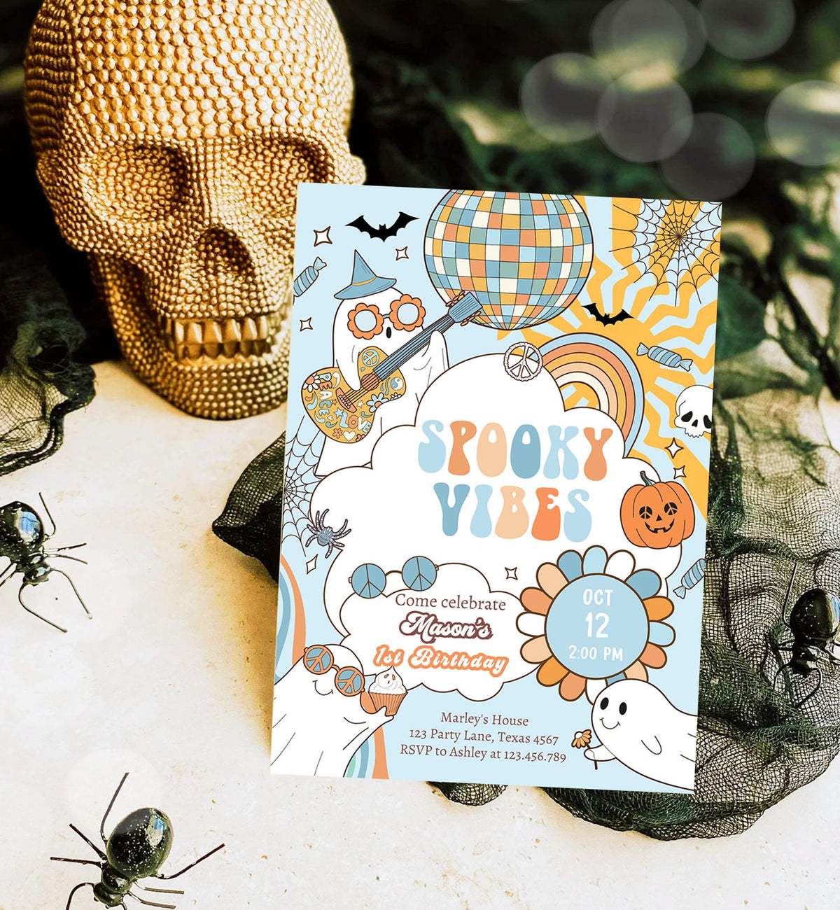 Editable Groovy Halloween Birthday Invitation Boy Spooky Vibes Ghost Party Blue Spooktacular Spooky Digital Download Template Printable 0471