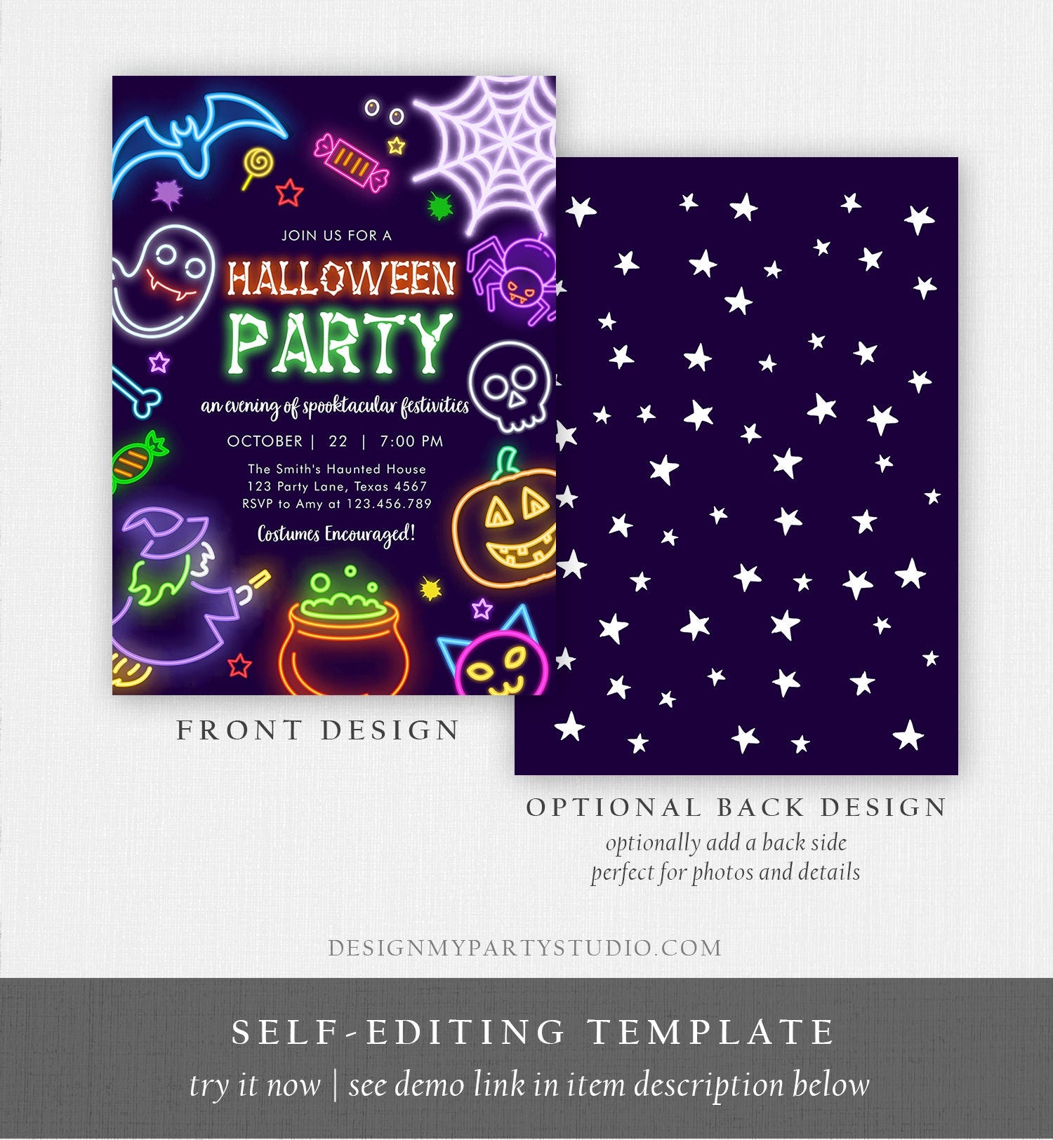 Editable Neon Halloween Party Invitation Costumes And Cocktails Adult Halloween Party Spooktacular Boos Or Brews Download Corjl 0474 0009