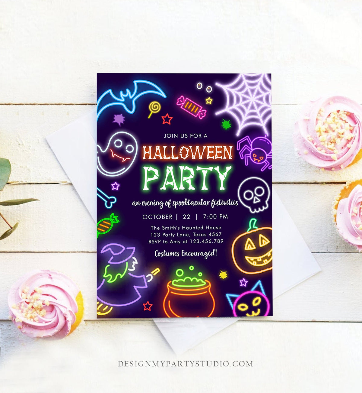 Editable Neon Halloween Party Invitation Costumes And Cocktails Adult Halloween Party Spooktacular Boos Or Brews Download Corjl 0474 0009