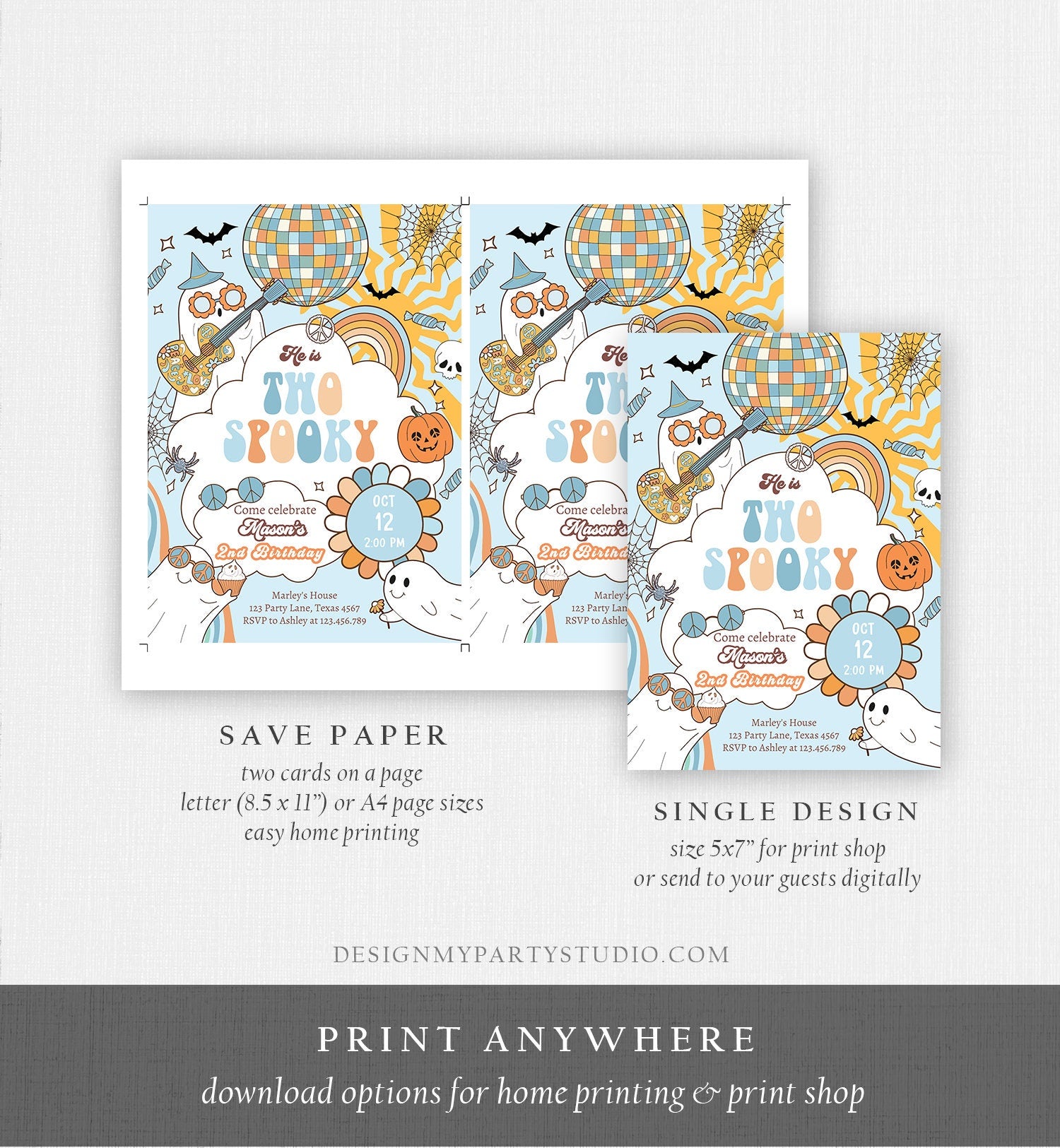 Editable Groovy Halloween Two Spooky Second Birthday Invitation Boy Ghost Party Blue Boo Spooktacular Party Digital Template Printable 0471