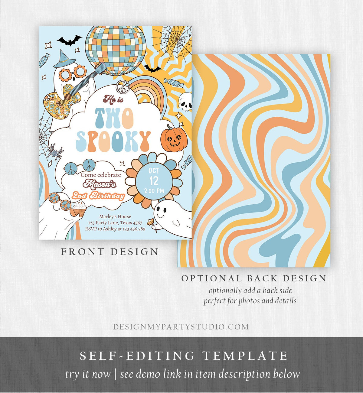 Editable Groovy Halloween Two Spooky Second Birthday Invitation Boy Ghost Party Blue Boo Spooktacular Party Digital Template Printable 0471
