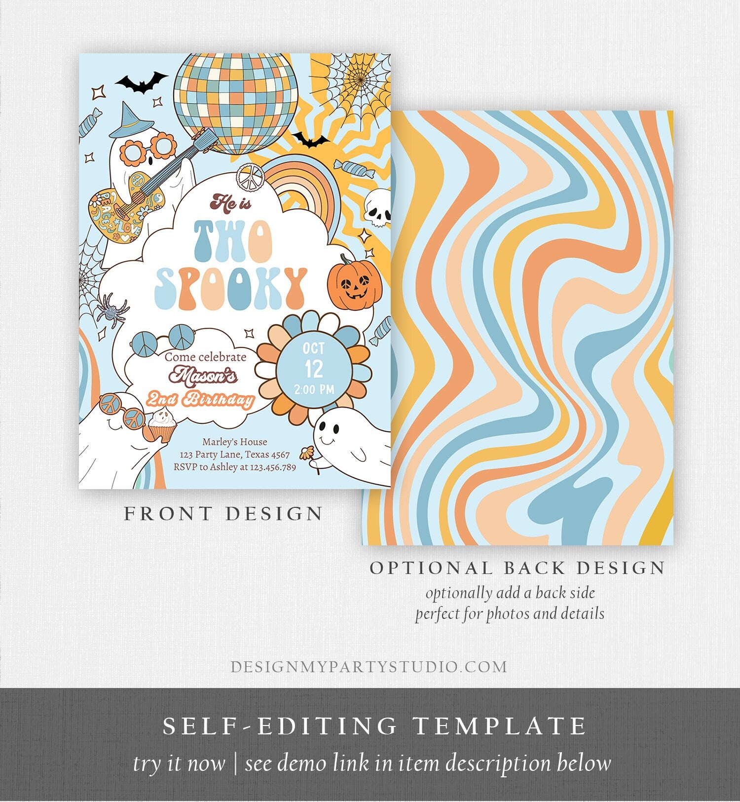 Editable Groovy Halloween Two Spooky Second Birthday Invitation Boy Ghost Party Blue Boo Spooktacular Party Digital Template Printable 0471