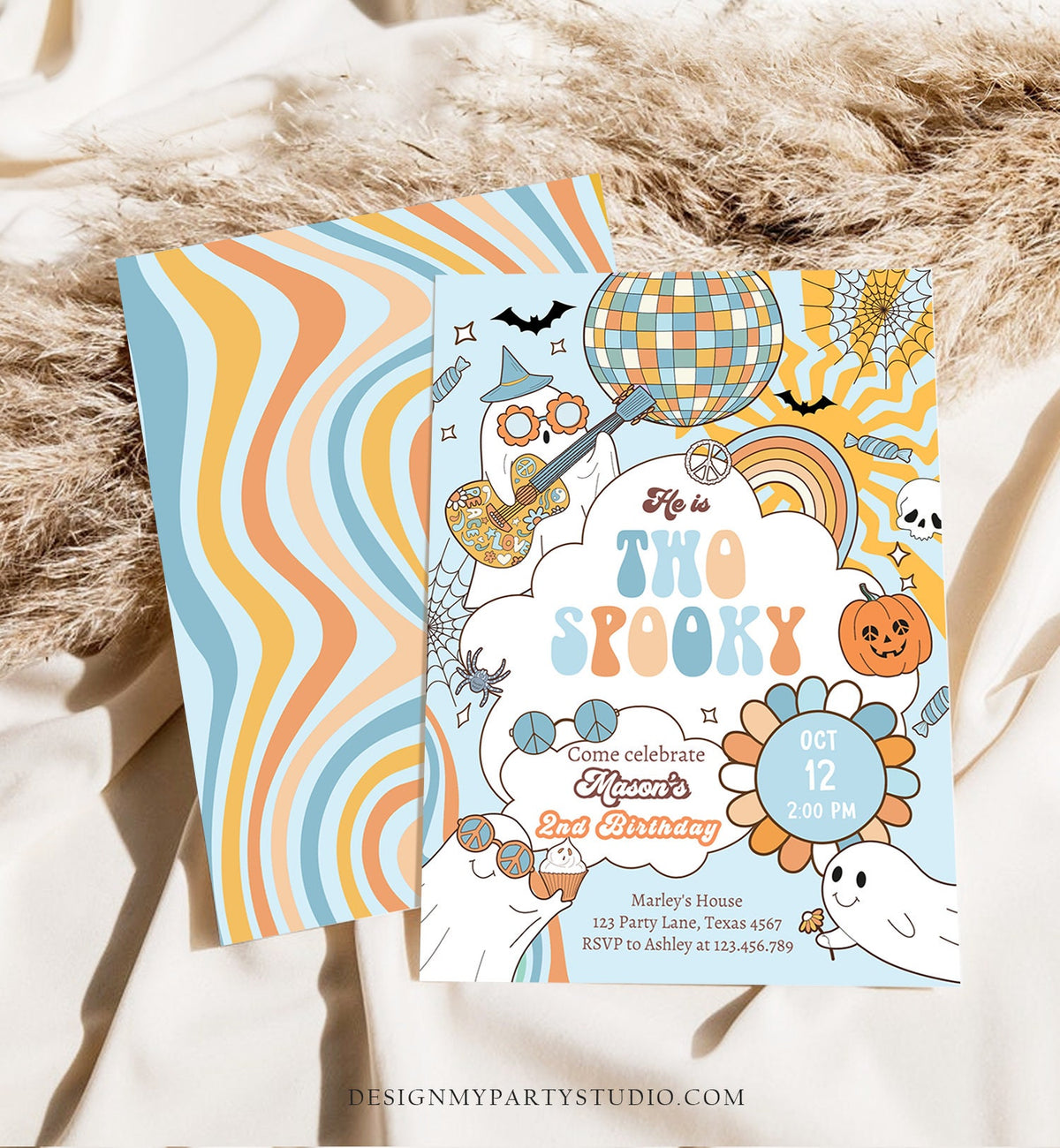 Editable Groovy Halloween Two Spooky Second Birthday Invitation Boy Ghost Party Blue Boo Spooktacular Party Digital Template Printable 0471