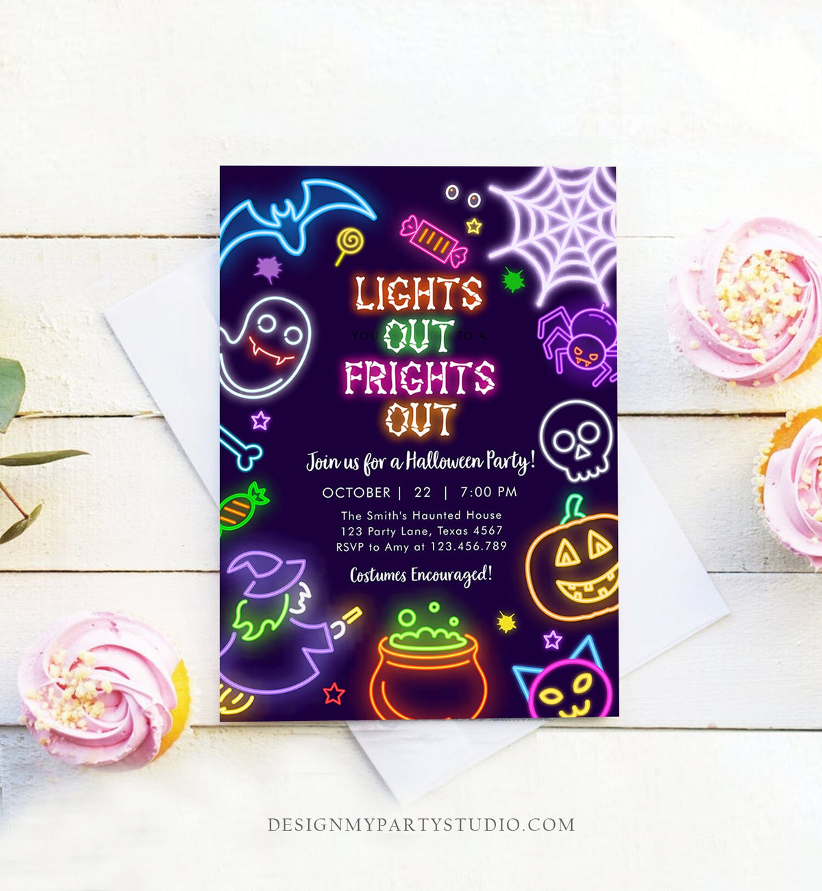 Editable Neon Halloween Party Invitation Costumes And Cocktails Adult Halloween Party Spooktacular Glow in The Dark Download Corjl 0474 0009