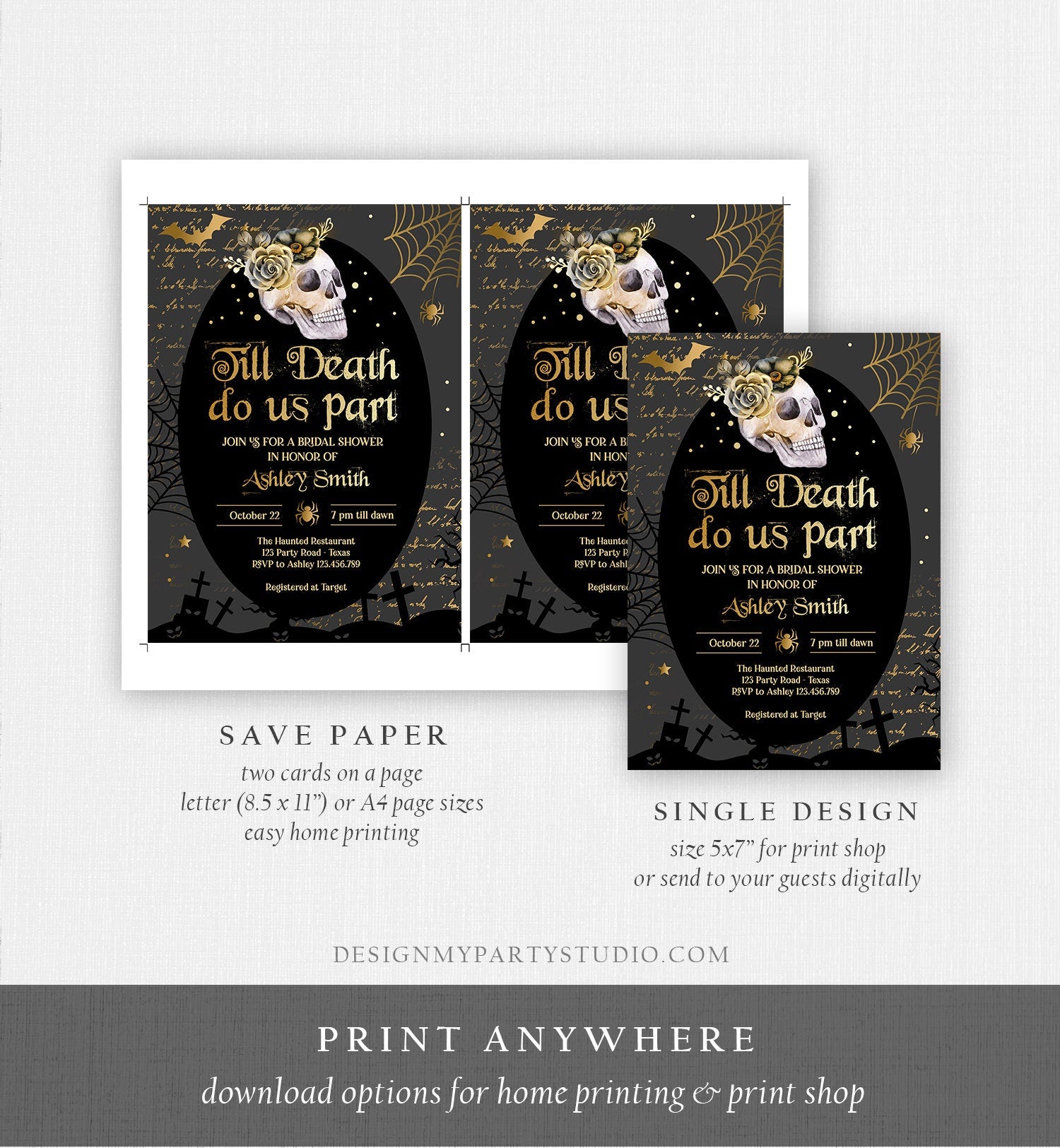 Editable Halloween Bridal Shower Invitation Till Death Do Us Part Gothic Bridal Shower Skull Skeleton Digital Template Printable 0472 0009