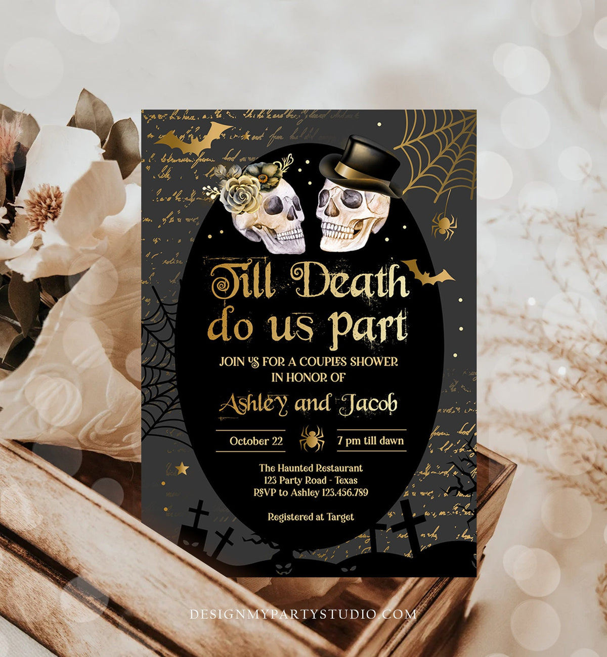 Editable Halloween Couples Shower Invitation Till Death Do Us Part Gothic Bridal Shower Fall Skull Engagement Download Printable 0472 0009