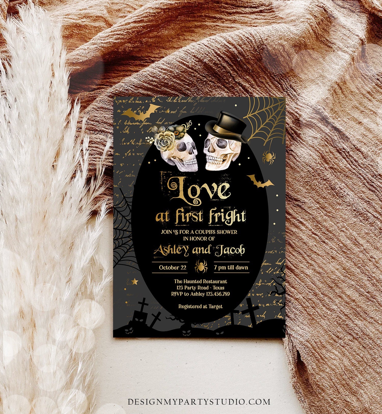 Editable Halloween Couples Shower Invitation Love at First Fright Gothic Bridal Shower Fall Skull Engagement Download Corjl 0472 0009