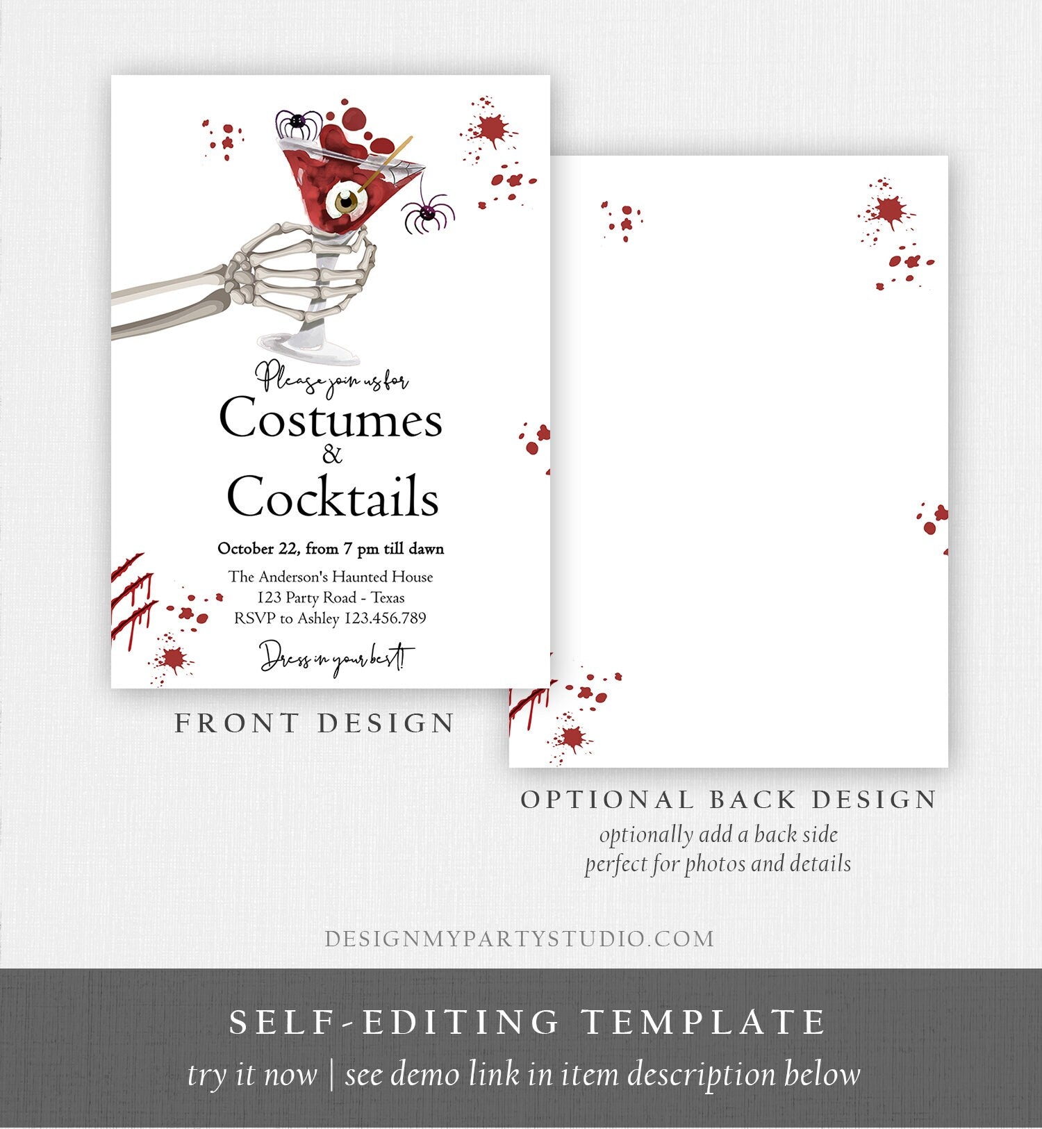 Editable Costumes And Cocktails Halloween Party Invitation Adult Party Boos & Booze Vintage Gothic Digital Template Printable 0472 0009