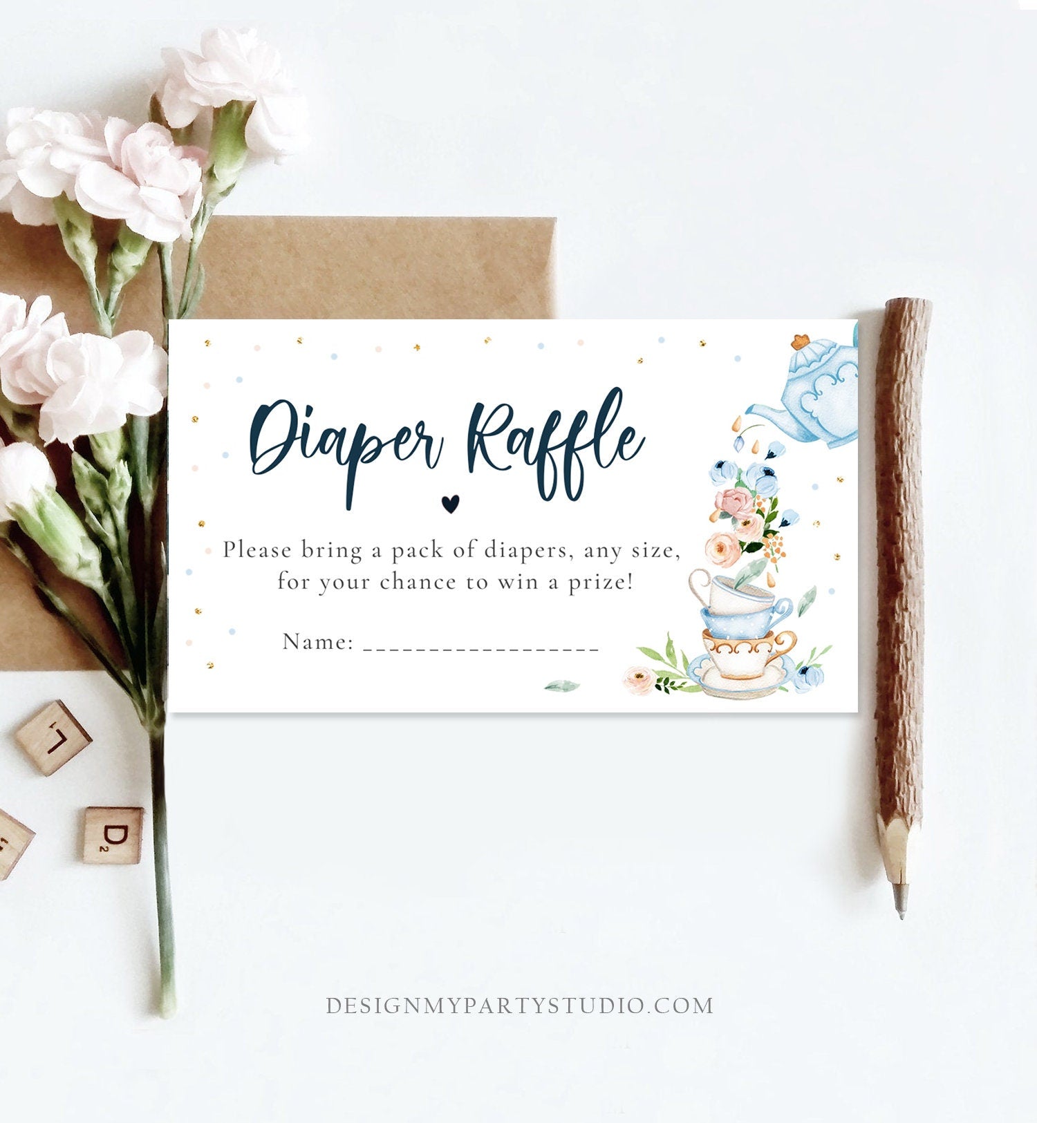 Editable Diaper Raffle Ticket Diaper Game Card Baby is Brewing Baby shower Tea Floral Brunch Blue Boy Digital Template Printable 0349