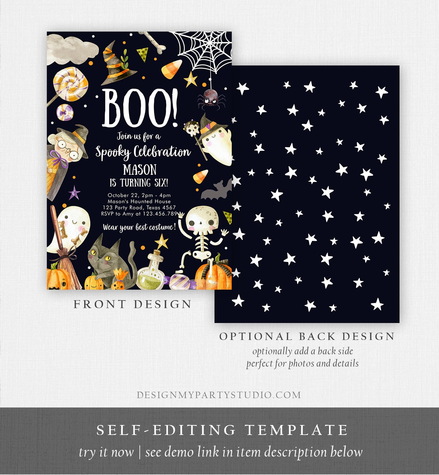Editable Halloween Party Invitation Halloween Birthday Invitation Kids Costume Party Spooky Celebration Boy Digital Template Corjl 0475 0009