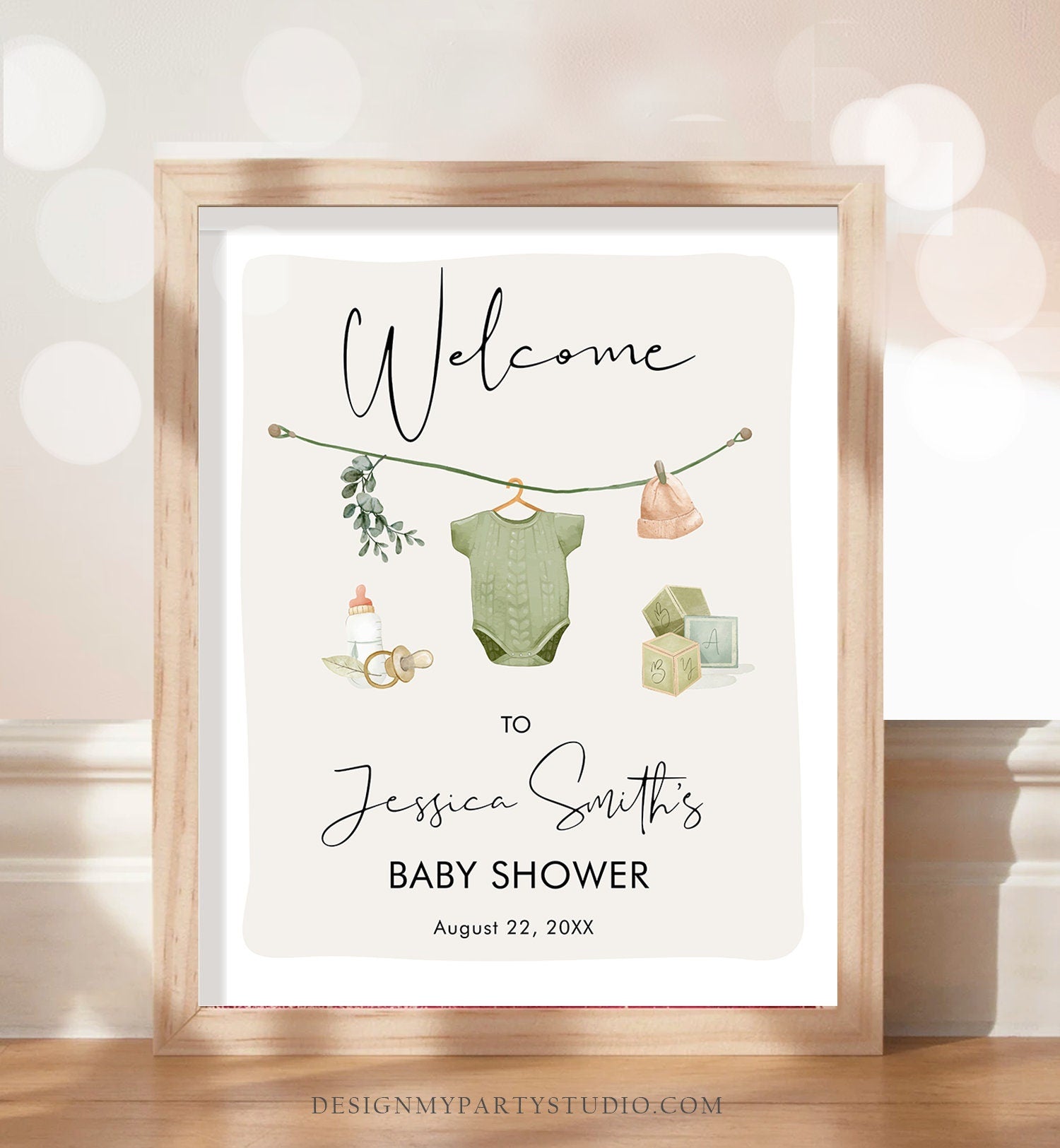 Editable Boho Baby Shower Welcome Sign Boy Couples Shower Neutral Baby Clothes Rustic Greenery Sage Green Digital Template Printable 0470
