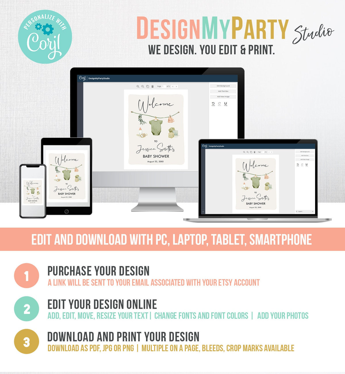 Editable Boho Baby Shower Welcome Sign Boy Couples Shower Neutral Baby Clothes Rustic Greenery Sage Green Digital Template Printable 0470