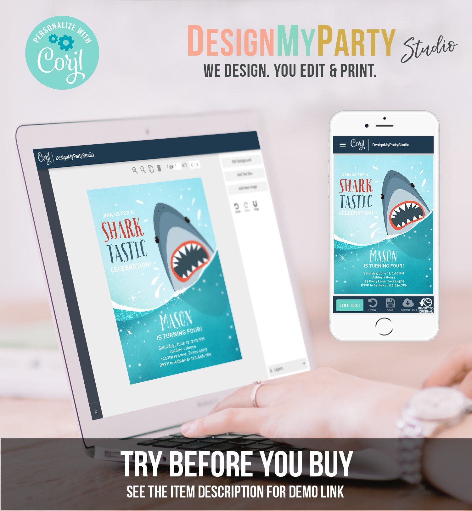 Editable Shark Birthday Invitation Shark Invitation Fintastic Shark Party SharkTastic Celebration Boy Download Printable Template Corjl 0089