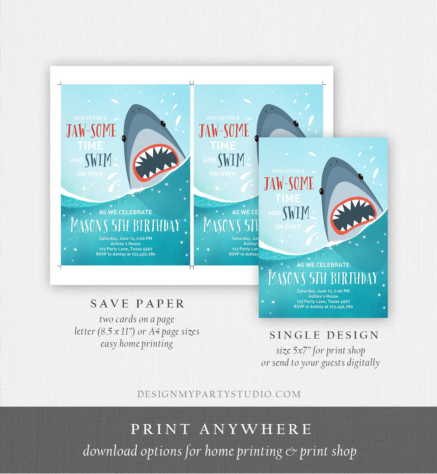 Editable Shark Birthday Invitation Shark Invitation Fintastic Shark Party Shark JawSome Under The Sea Download Printable Template Evite 0089