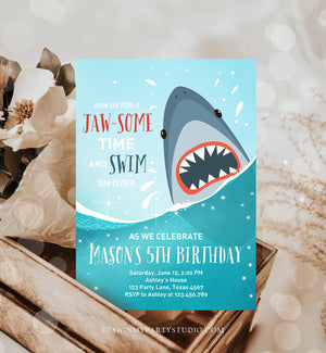 Editable Shark Birthday Invitation Shark Invitation Fintastic Shark Party Shark JawSome Under The Sea Download Printable Template Corjl 0089
