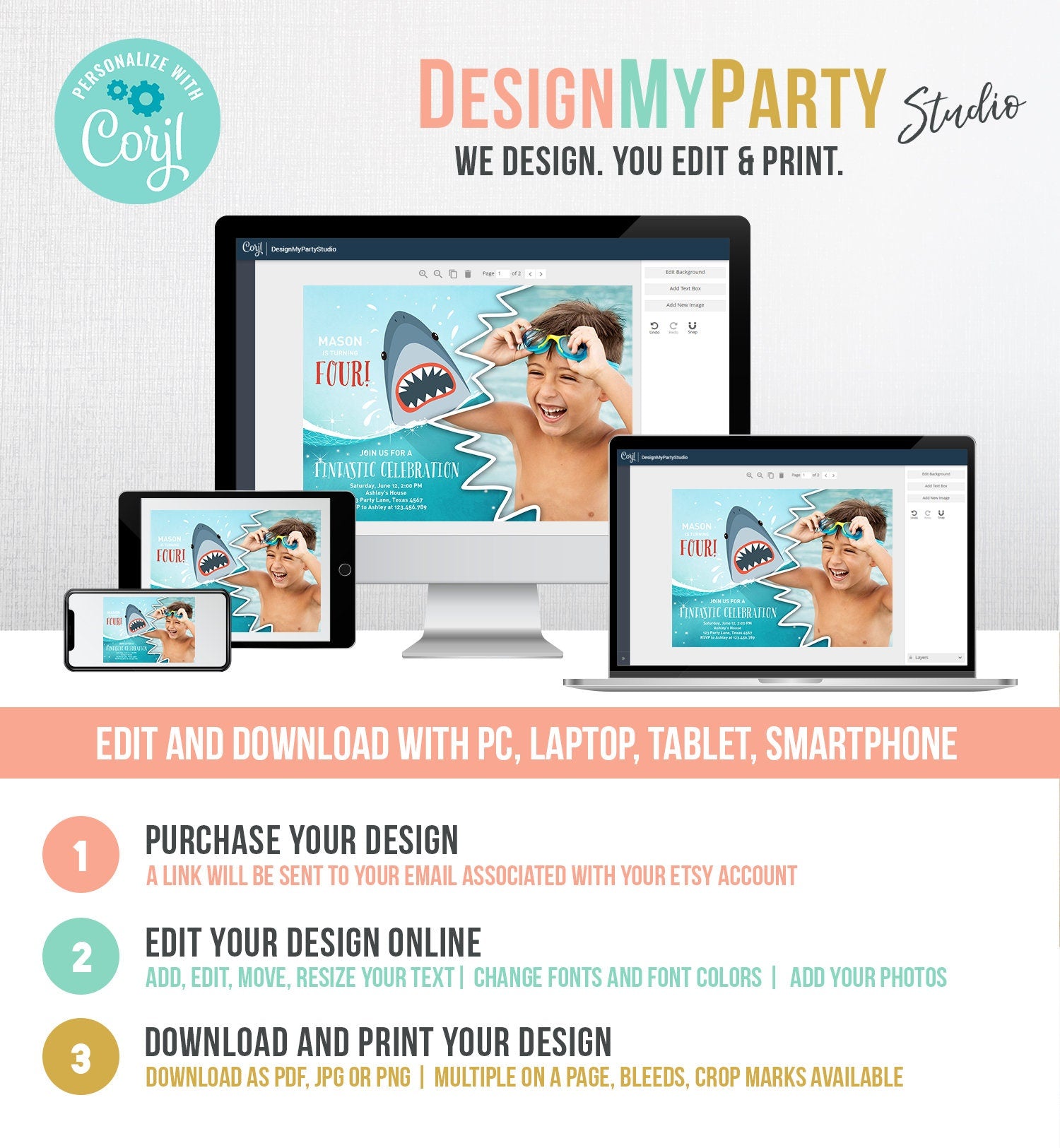 Editable Shark Birthday Invitation Shark Invitation Fintastic Shark Party Shark Under The Sea Boy Download Printable Template Corjl 0089