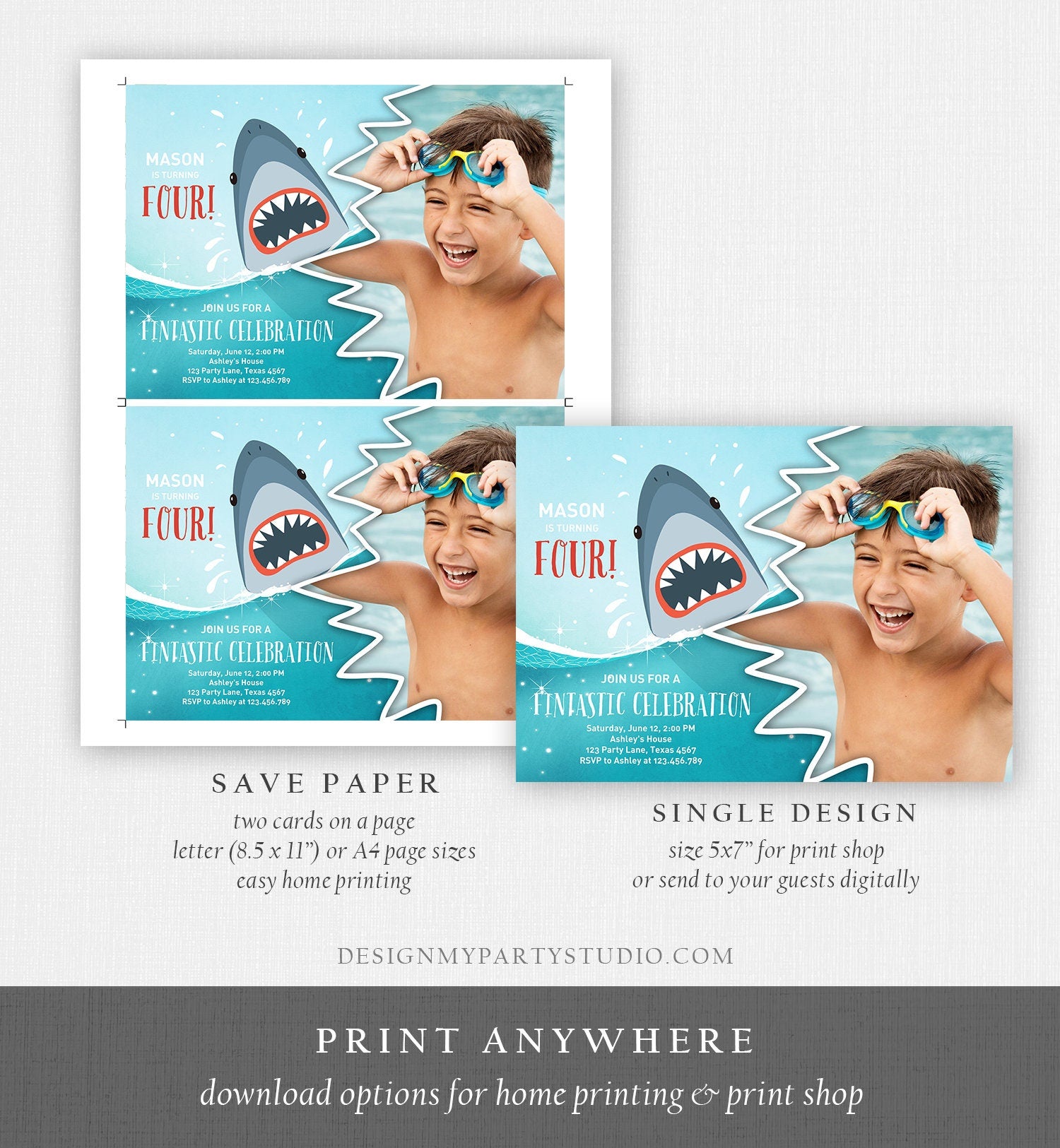 Editable Shark Birthday Invitation Shark Invitation Fintastic Shark Party Shark Under The Sea Boy Download Printable Template Corjl 0089