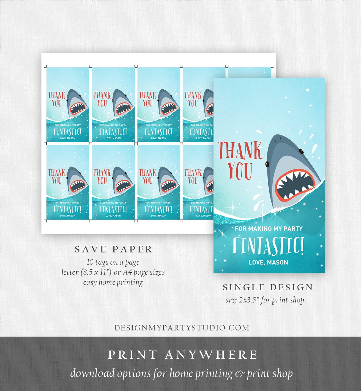 Editable Shark Birthday Favor Tags Shark Favors Thank You Tags Fintastic Shark Party under The Sea Jawsome Ocean Boy Corjl Template 0089