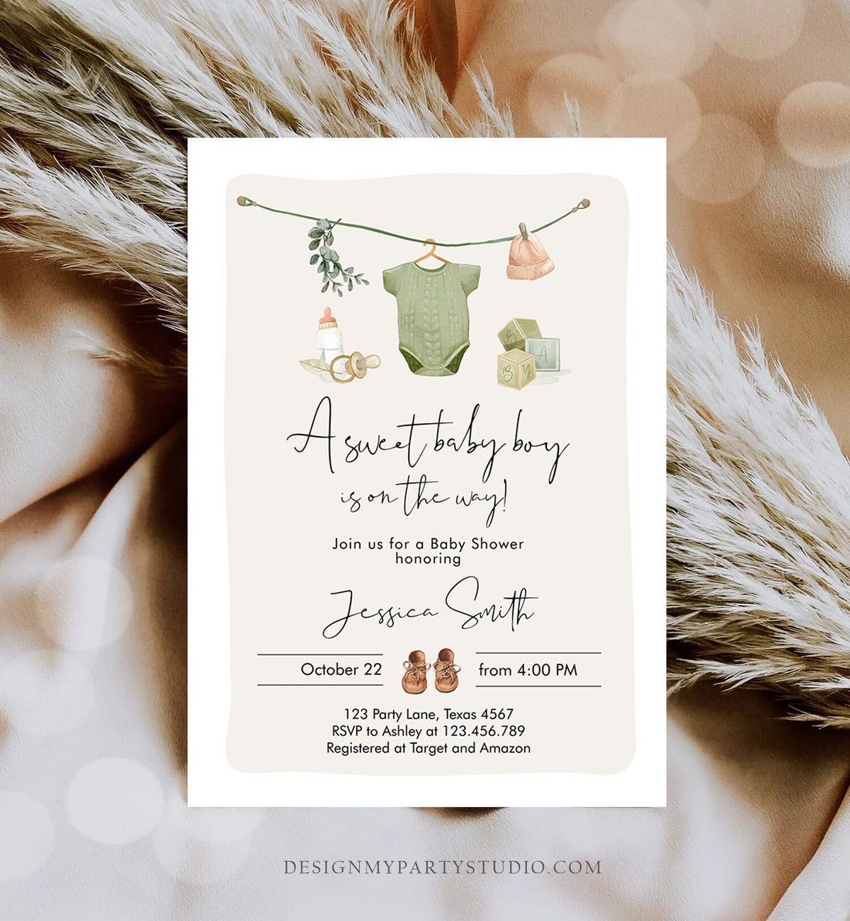 Editable Boy Baby Shower Invitation Boho Baby Shower Invitation Coed Shower Baby Clothes Rustic Download Printable Template Corjl 0470