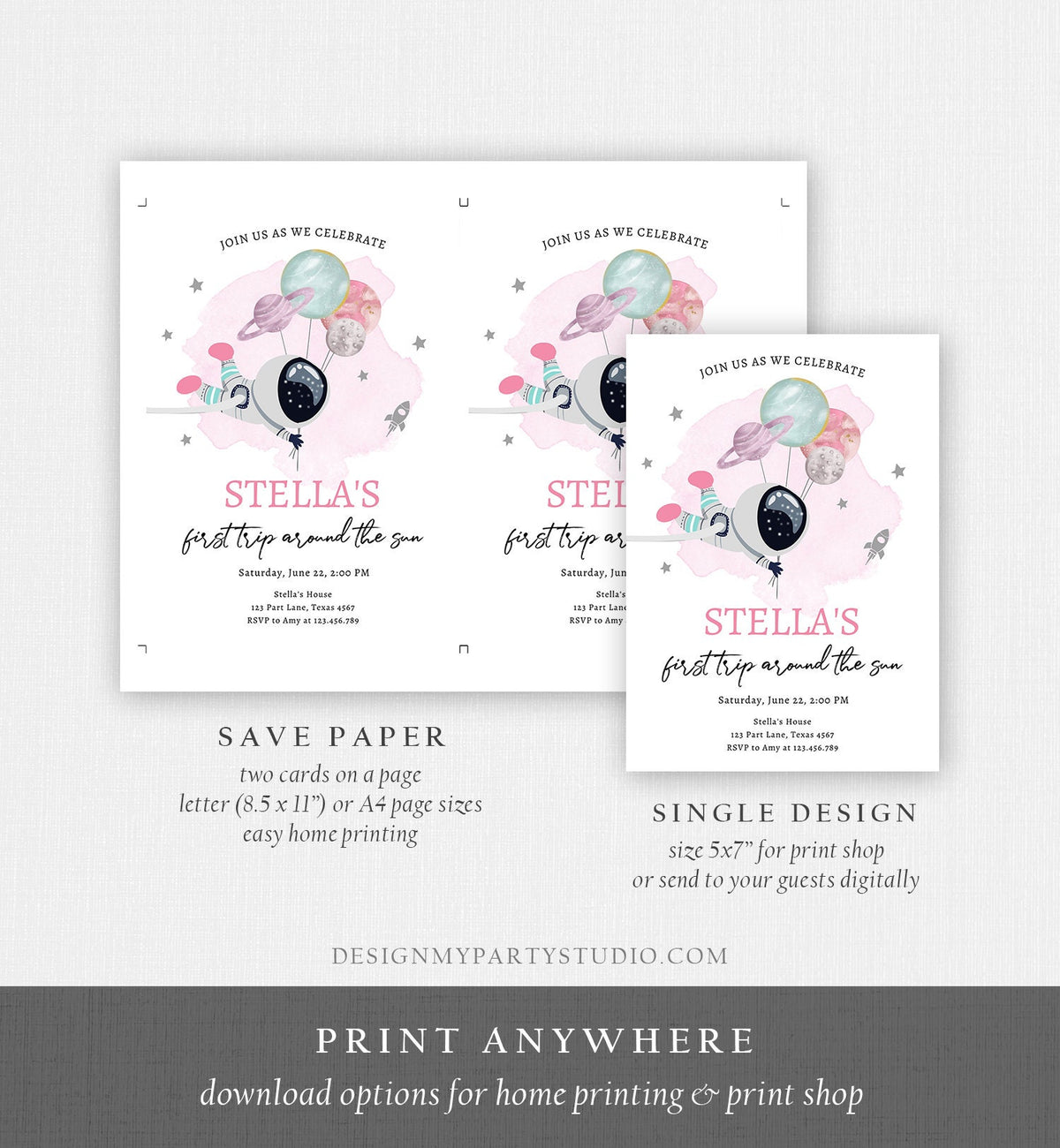 Editable Outer Space Birthday Invitation Girl Pink Galaxy Astronaut Trip Around the Sun Download Printable Template Digital Evite 0366